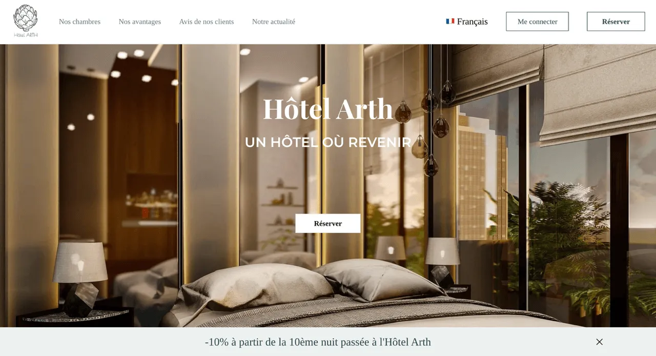 Page d'accueil de l'application Hôtel Arth