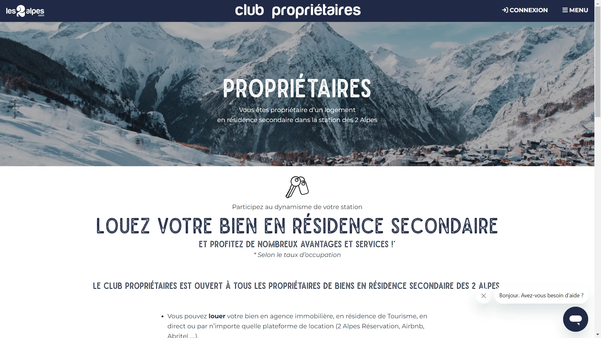 Page d'accueil de l'application Club Propriétaires