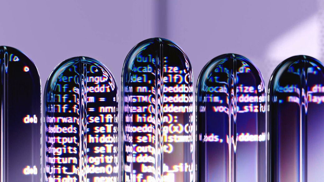 Test tubes with digital code patterns projected on them, set against a purple background, creating a futuristic and tech-oriented visual.