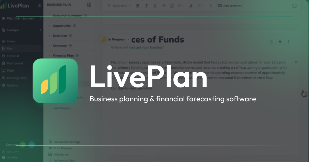 LivePlan logo overlaying a blurred software interface, featuring business planning and financial forecasting tools, with a green and white color scheme.