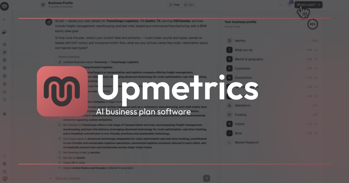 Logo and text reading "Upmetrics AI business plan software" overlaying a blurred business plan document on a screen.