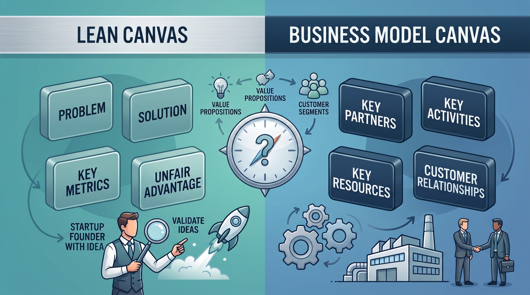 Illustration comparing Lean Canvas and Business Model Canvas, showing components like problem, solution, key activities, and customer segments.