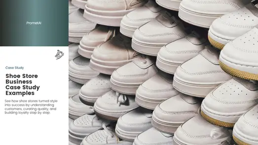 Rows of white sneakers neatly stacked on shelves, with text about a shoe store business case study on the left.