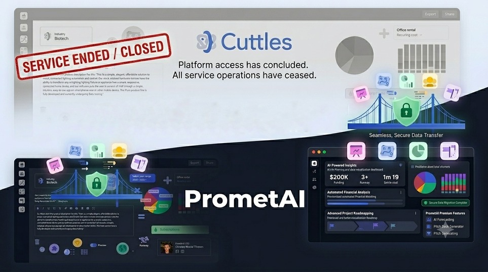 Digital interface showing "Cuttles" service closure notice and "PrometAI" with secure data icons and financial activity dashboard.