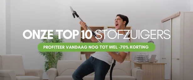 Person enthusiastically holding a vacuum cleaner in a living room, with text promoting top 10 vacuums and up to 70% discounts.