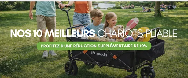 A family enjoys a sunny day at the park, with two children sitting in a wagon filled with toys. French text promotes a 10% discount on foldable carts.