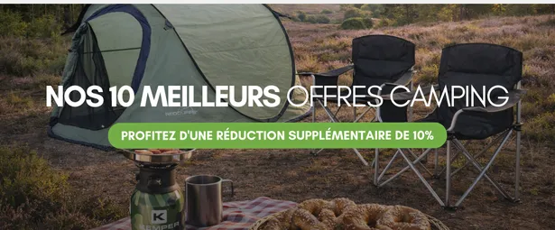 Camping scene with chairs, a tent, and a camp stove. Text overlay: "Nos 10 Meilleurs Offres Camping" and "Profitez d'une réduction supplémentaire de 10%".