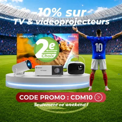 Soccer stadium promo: 10% off TVs and projectors with code CDM10. Features Ambilight TV, projectors, and a soccer player.