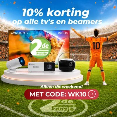 Promotional image of a sports stadium with a player, TVs, projectors, and a 10% discount offer on electronics, valid this weekend with code WK10.