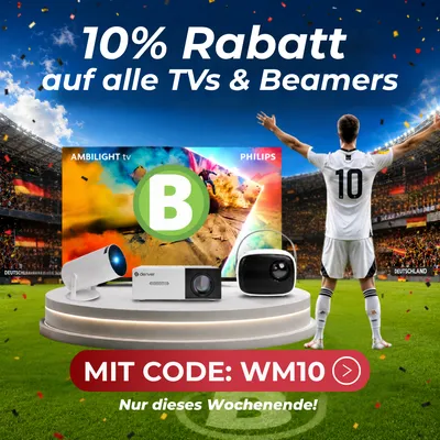 Soccer stadium scene with TVs and projectors on display; a 10% discount offered using code WM10 for this weekend only.