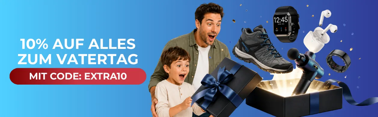 Father and son excitedly look at a gift box with shoes, a watch, earbuds, a ring, and a massage gun. Text: "10% auf alles zum Vatertag mit CODE: EXTRA10".