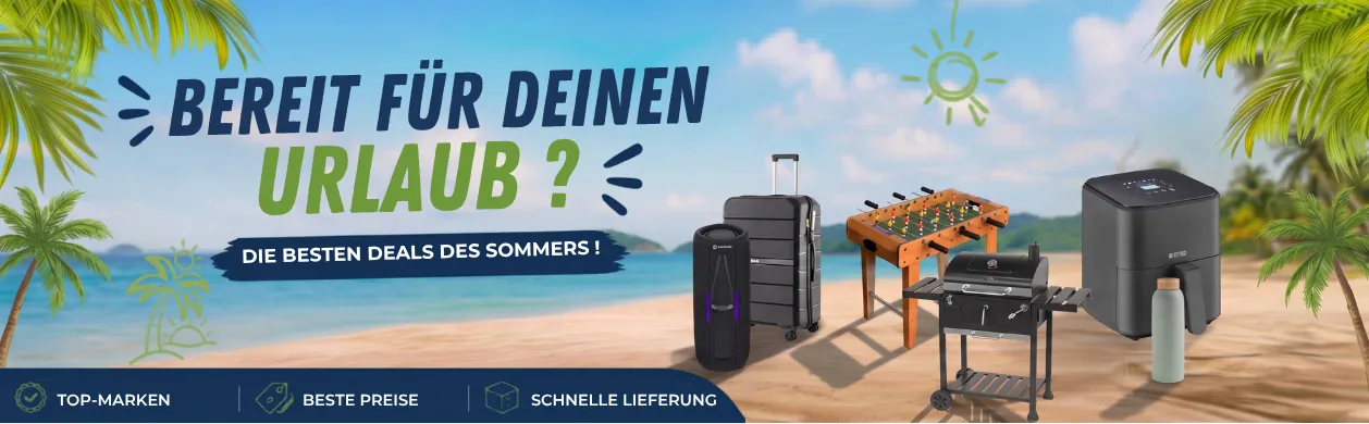Beach scene with “Bereit für deinen Urlaub?” text, suitcases, speakers, table football, grill, and air fryer. Icons: top brands, best prices, fast delivery.