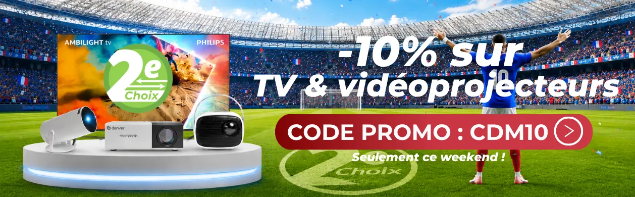 Promotion banner for -10% off TVs and projectors with code CDM10, set in a stadium with a cheering football player.