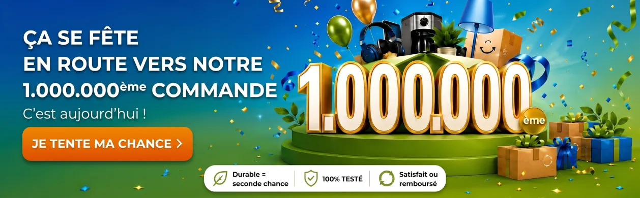 Celebration of 1,000,000th order with gifts, balloons, and confetti; French text encourages participation, highlighting sustainability and satisfaction.