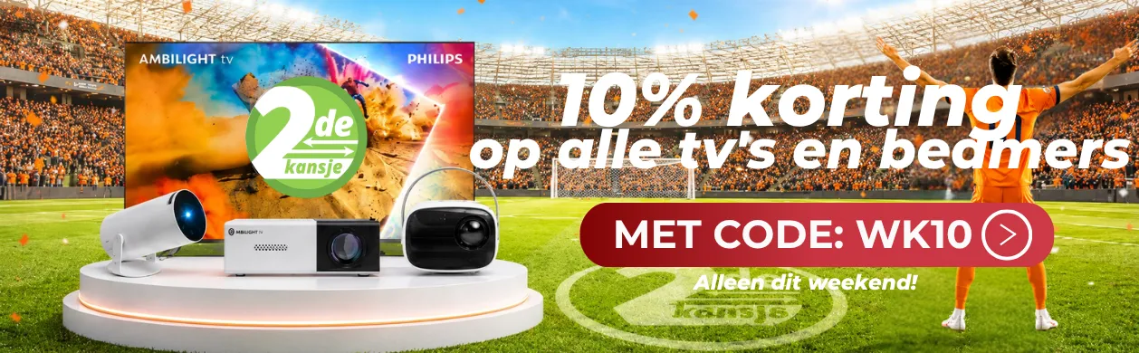 Ad for a 10% discount on TVs and projectors, featuring various models on a stadium field, with promo code WK10.