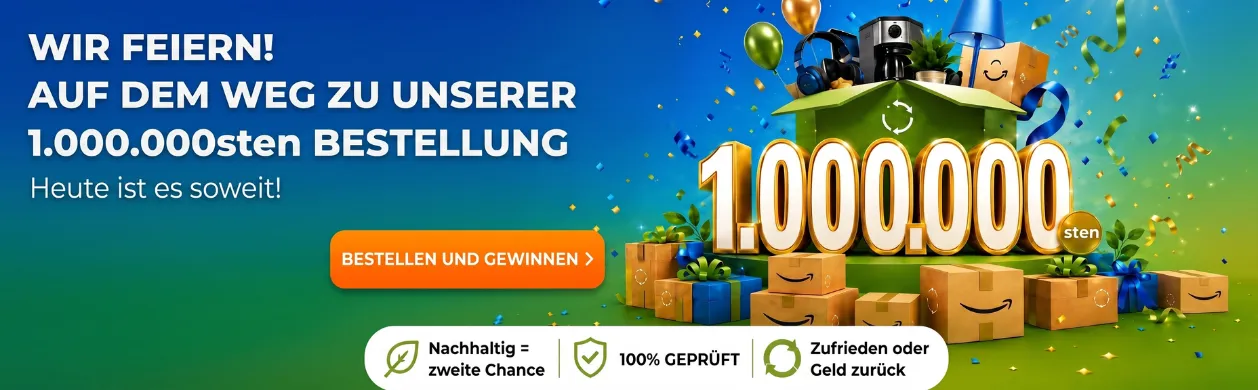 Celebratory image for reaching 1,000,000 orders with confetti, balloons, Amazon boxes, and a "Order and Win" button.