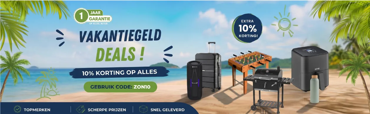 Beach-themed sale banner featuring travel gear, a barbecue grill, and discounts. Palm trees frame the offer for "Vakantiegeld Deals."