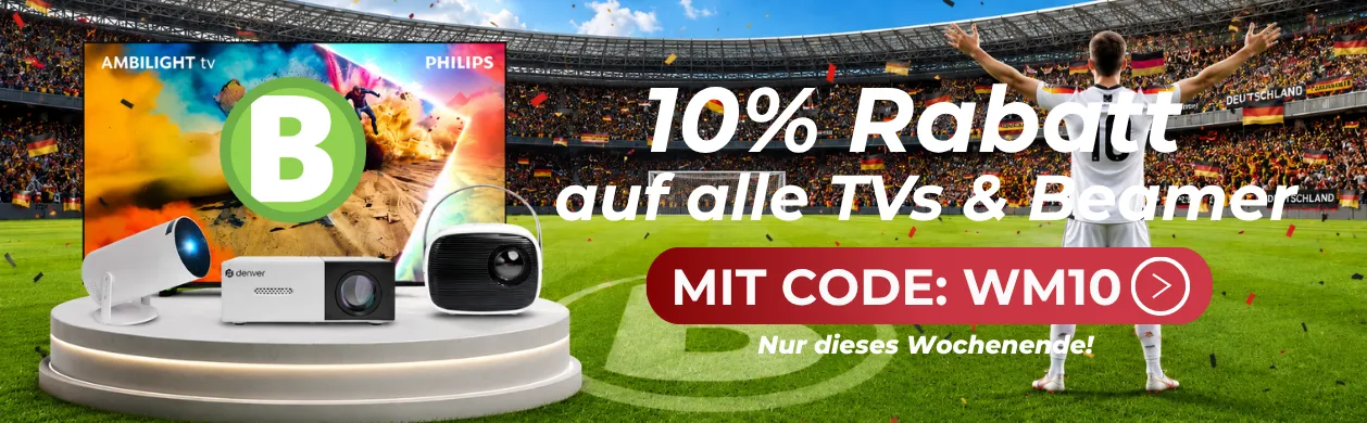 Ad showing 10% off on TVs and beamers with a promo code, featuring products in a stadium background.