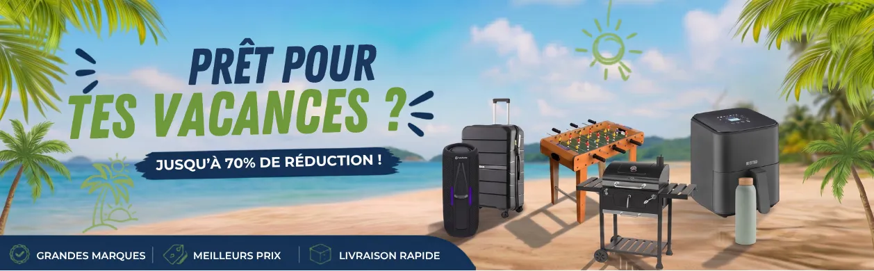 Beach scene with palm trees, a suitcase, speaker, foosball table, grill, and cooler. French text: "Prêt pour tes vacances ? Jusqu'à 70% de réduction !"