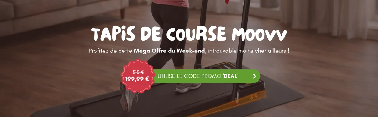 Person walking on a treadmill in a home setting with a promotional banner in French for a weekend offer and discount code.
