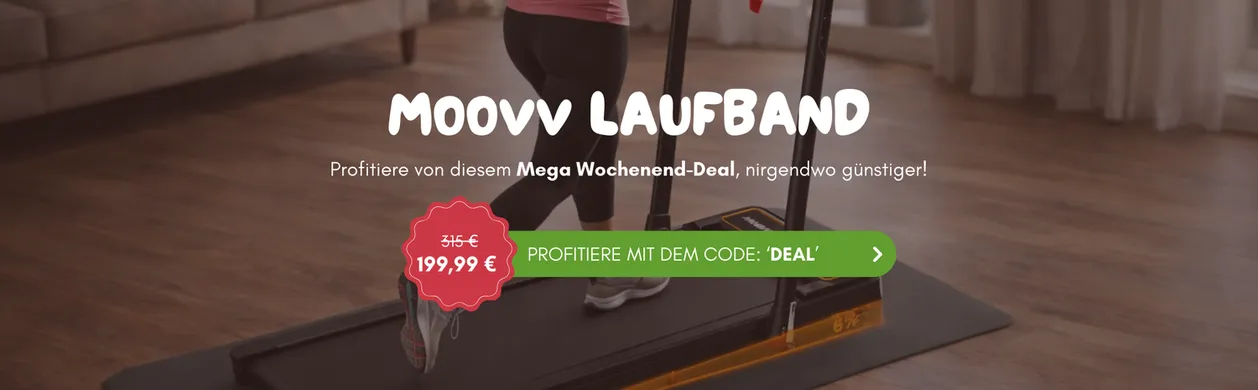 Person walking on a treadmill in a living room. Text on image offers a weekend deal for "Moovv Laufband" with a discounted price.