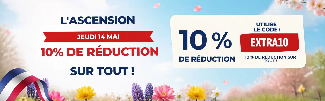 Promo banner for Ascension Day, May 14. Offers 10% discount on all items. Use code: EXTRA10. Floral background with a French flag.