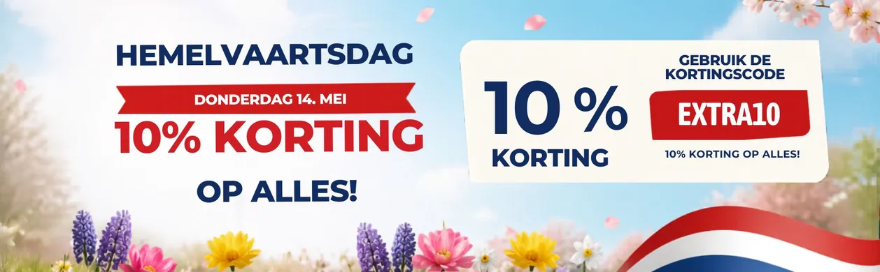 "Ascension Day promo: 10% off everything on May 14. Use code EXTRA10. Spring flowers and a Dutch flag design in the background."
