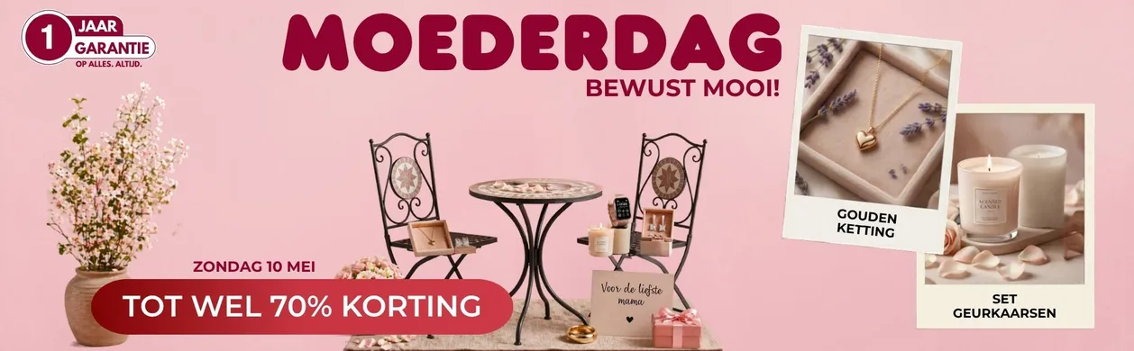 Pink Mother's Day ad with table set, gifts, flowers, and candles. Offers up to 70% discount on May 10. Includes gold necklace and scented candles.