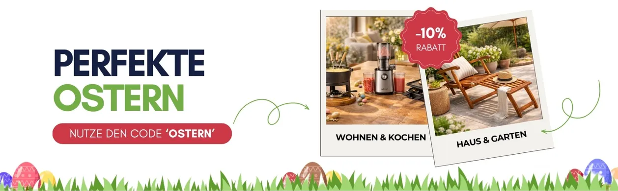 Easter-themed banner with home and cooking items, a 10% discount, colorful eggs, and the text "Perfekte Ostern" and "Nutze den Code 'OSTERN'".