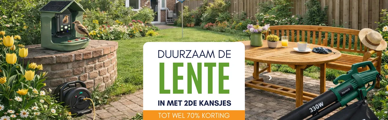 A garden with flowers, birdhouse, and gardening tools. A wooden table set nearby. Text promotes spring discounts up to 70%.