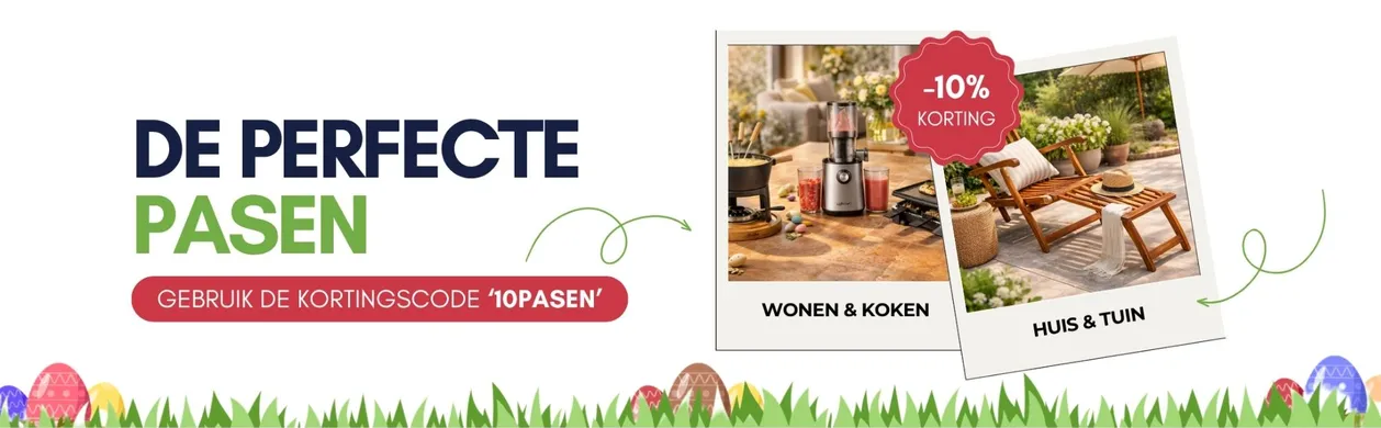 Easter promotion banner with discount for home and garden products, featuring kitchen appliances and wooden furniture.