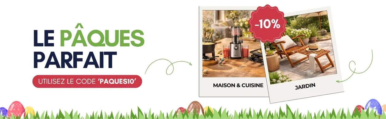 Easter-themed banner with "Le Pâques Parfait" text, 10% discount on maison, cuisine, and jardin items. Promo code: PAQUES10.