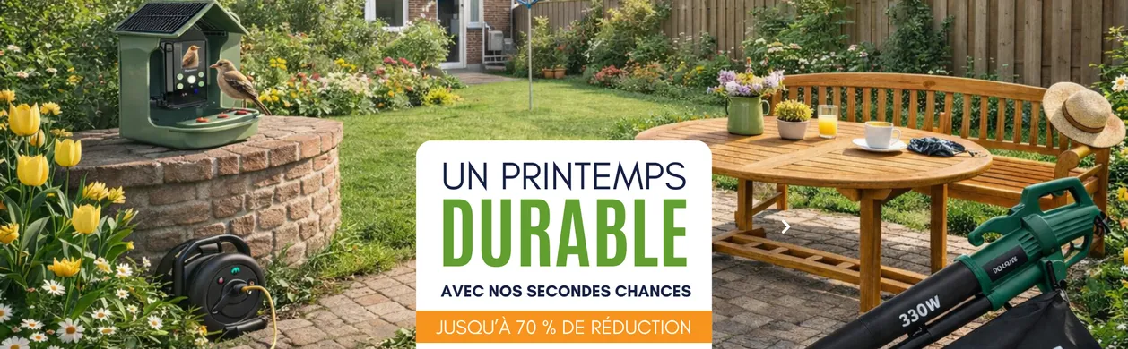 A garden scene with flowers, a bird feeder, patio furniture, and garden tools. Text overlay promotes sustainable spring offers up to 70% off.