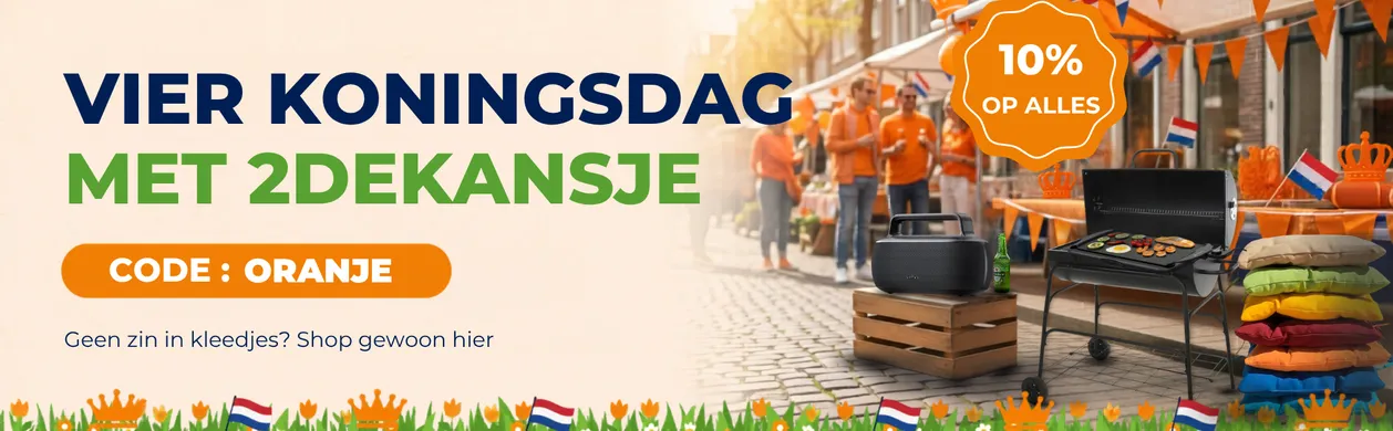 Promo for Koningsdag with text "Vier Koningsdag met 2deKansje," a 10% discount, a speaker, grill, and festive orange decor.