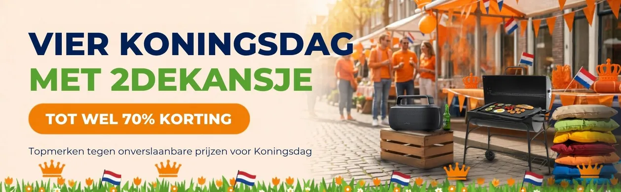Celebrate Koningsdag with discounts up to 70%. Orange-clad people, grill, and decorations in festive street scene.