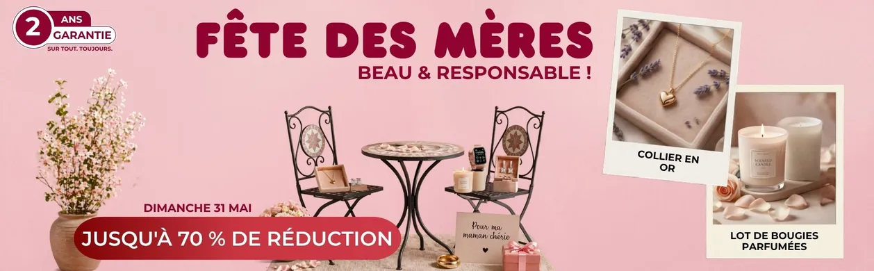 Mother's Day promotion with a table set, flowers, scented candles, a gold necklace, and a gift, offering up to 70% discount.