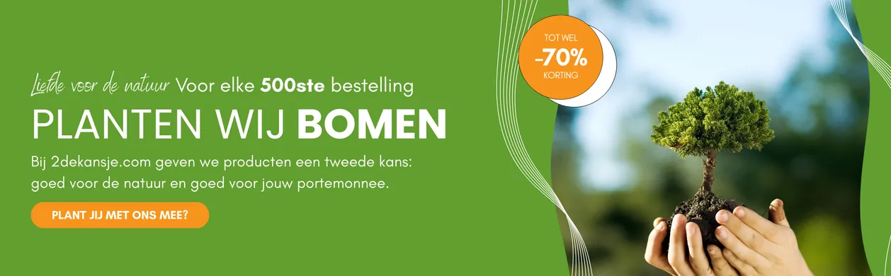 Green banner with text promoting planting trees for every 500th order, offering a 70% discount. Image of hands holding a small tree.