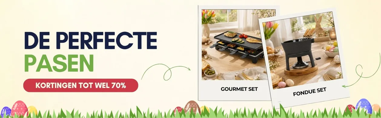 Easter-themed ad with "De Perfecte Pasen" text, showing a gourmet set and fondue set on a table with colorful Easter eggs.