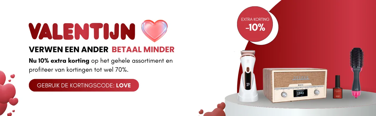 Valentine's Day sale banner with discounts, featuring appliances and a discount code "LOVE" for extra savings.