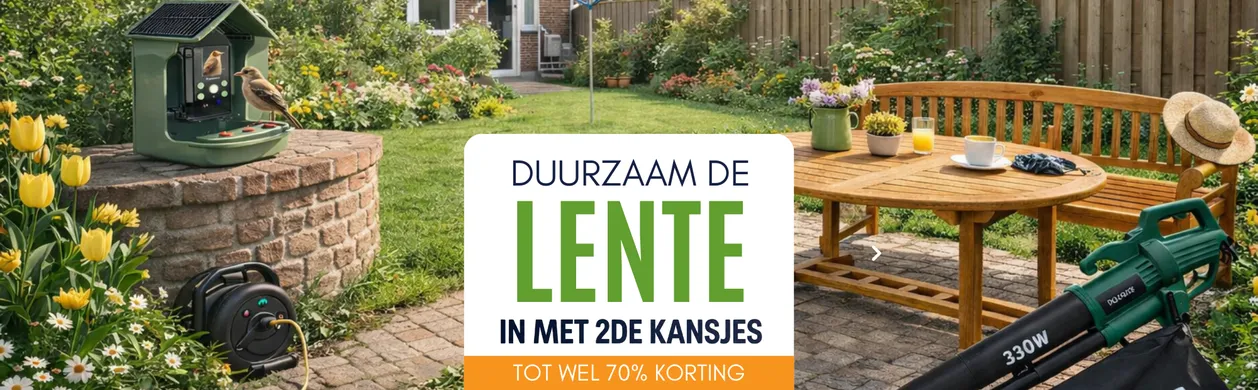 A garden with a wooden bench, table set, bird feeder, tulips, and leaf blower. Dutch text promoting spring discounts and sustainability.