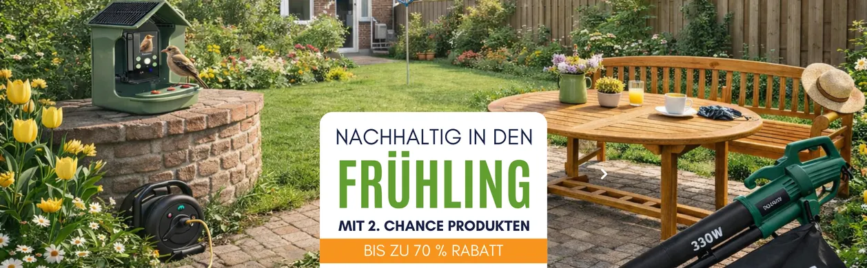 Garden scene with a wooden bench, table, flowers, and bird feeder. Text: "Nachhaltig in den Frühling," promoting a sale up to 70% off.