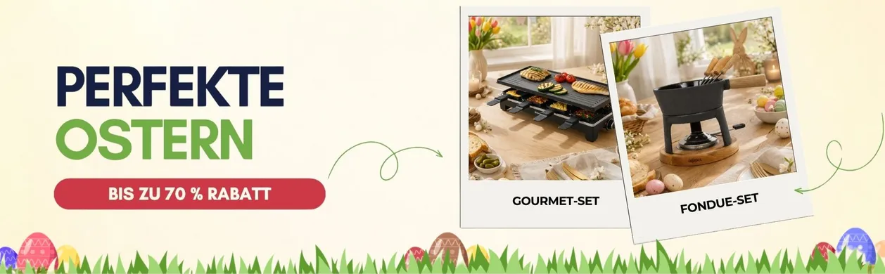 Easter-themed promotional banner featuring a gourmet set and fondue set with spring decorations; offers up to 70% discount.