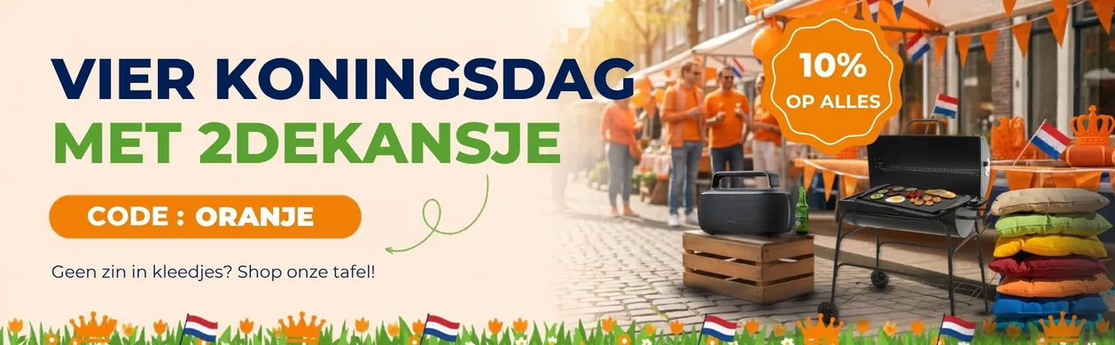 Celebration sale banner for Koningsdag with discount code, featuring people in orange, a grill, speakers, and Dutch flags.