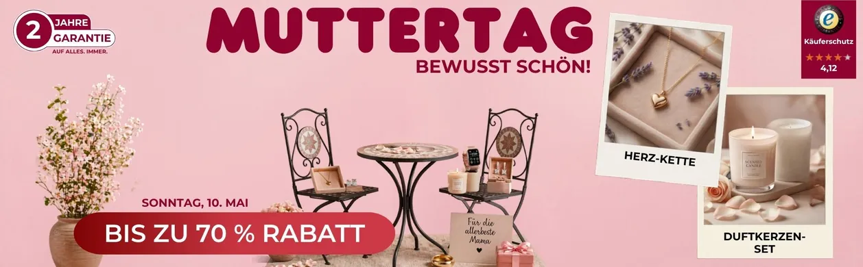 Mother's Day sale ad with a heart necklace, scented candle set, and gifts. Offer: Up to 70% off. Pink background, decorative table set.