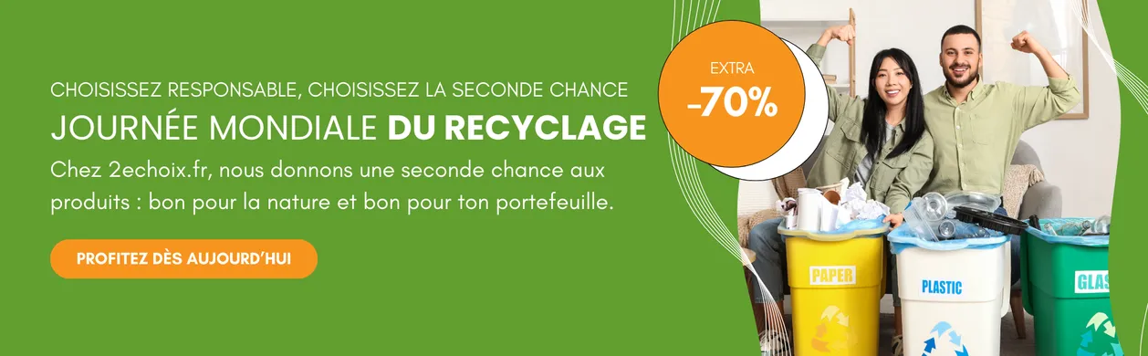 Three people smiling beside recycling bins for paper, plastic, and metal. Text highlights a recycling event with a 70% discount offer.