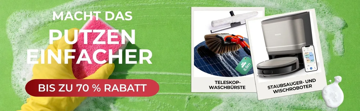 Gloved hand with sponge on green surface, cleaning tools featured. Text: "Macht das Putzen einfacher, bis zu 70% Rabatt."