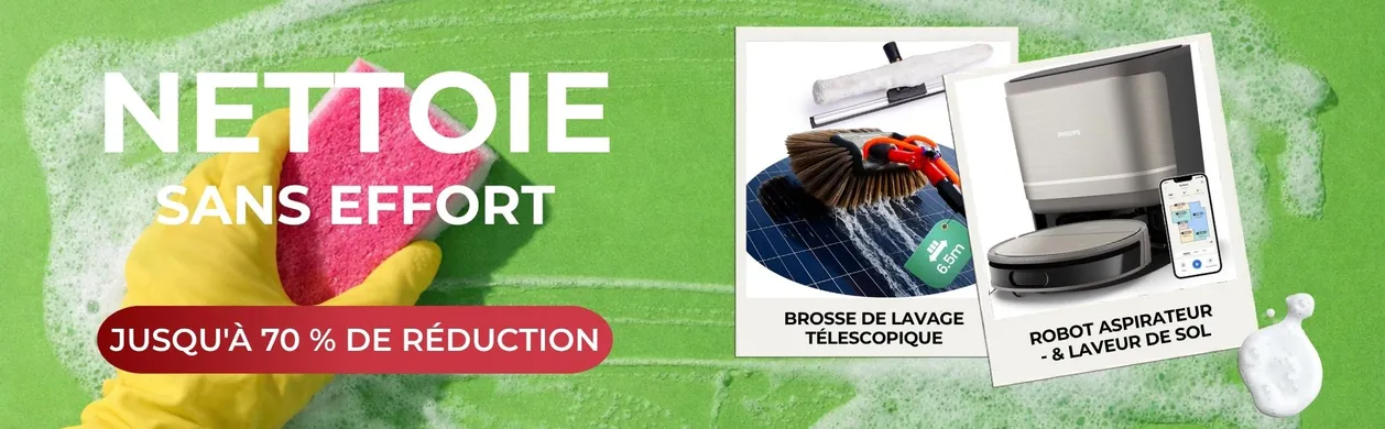 Yellow-gloved hand with pink sponge on soapy green surface. French text: "Nettoie sans effort" and "Jusqu'à 70% de réduction". Cleaning tools shown.