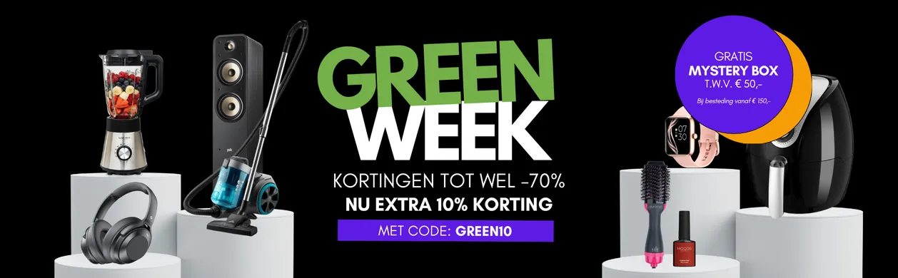 Promotional banner for "Green Week" featuring household appliances and beauty products with discounts and a mystery box offer.