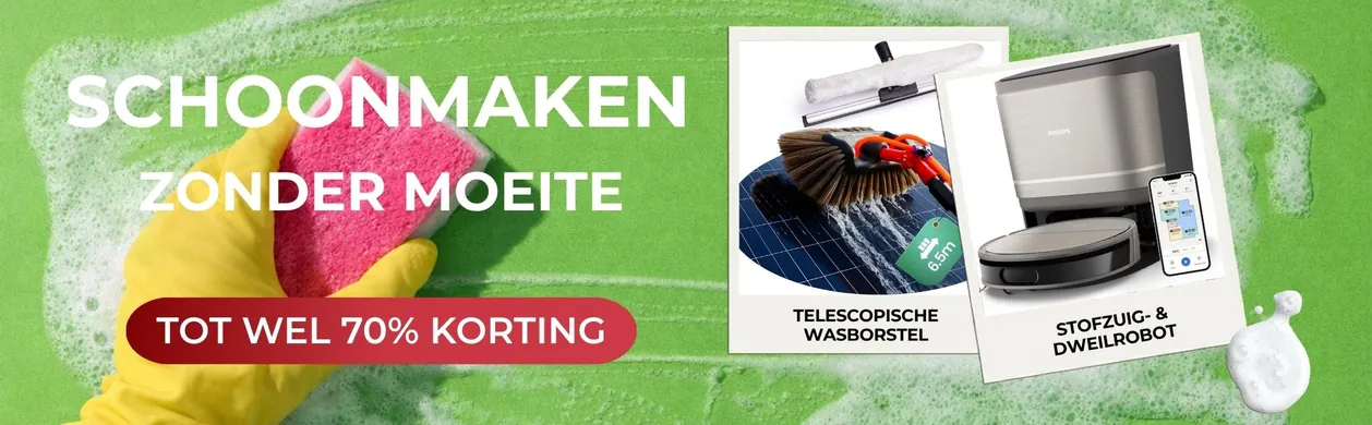 Yellow-gloved hand cleans with a pink sponge. Ad for cleaning tools with up to 70% discount. Text: "Schoonmaken zonder moeite."