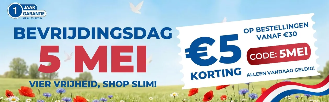 Bevrijdingsdag 5 Mei promo image with €5 discount on orders over €30 using code 5MEI. Valid today only. Floral meadow background.